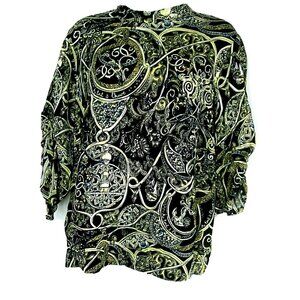 H&M Medallion Scroll Top Blouse Size 10 High Neck Dressy Casual Black Gold